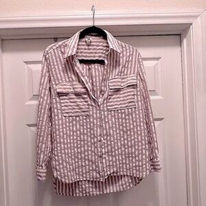 Flawless Women’s Long Sleeve Button Up Beige White Striped Cotton Shirt Size M